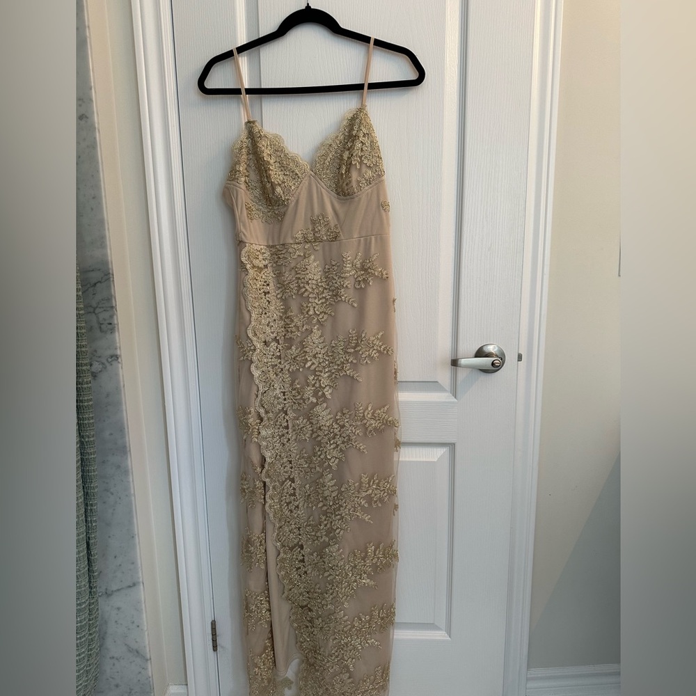 NEW Elegant Gold Lace Overlay Dress with Slit